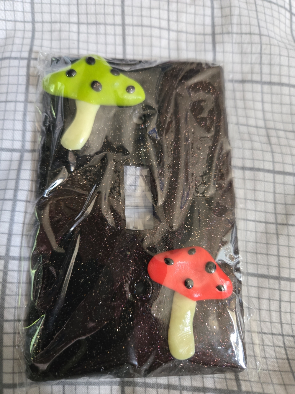 Glitter Mushroom Light Switch Cover - Black with Red & Lime Mushrooms